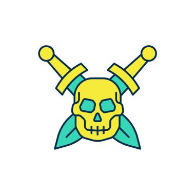 Beyaz arka planda izole edilmiş kafatası ikonu olan çapraz orta çağ kılıcıyla doldurulmuş. Ortaçağ silahı. Vektör