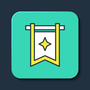 Doldurulmuş Ortaçağ bayrağı simgesi mavi arkaplanda izole edildi. Bir kral ya da kraliçe tarafından yönetilen ülke, devlet ya da bölge. Turkuaz kare düğme. Vektör