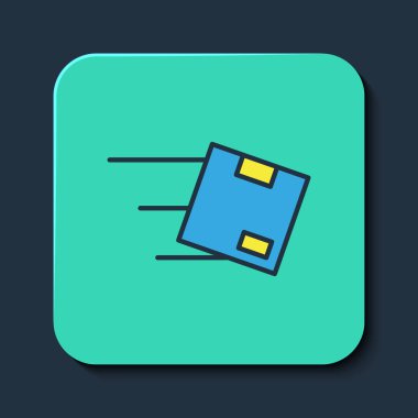 Mavi arkaplanda izole edilmiş karton kutu simgesi ile ana hatları doldurulmuş konum. Teslimat hizmetleri, lojistik ve ulaşım, dağıtım. Turkuaz kare düğme. Vektör