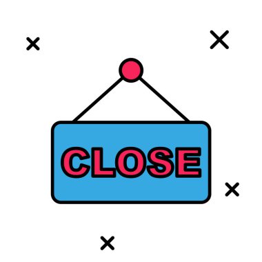 Beyaz arkaplanda izole edilmiş metin kapatılmış simgesiyle ana hatları asma işareti dolduruldu. Kafe ya da restoran için iş teması. Vektör