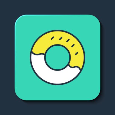 Mavi arka planda izole edilmiş tatlı jöleli donut. Turkuaz kare düğme. Vektör