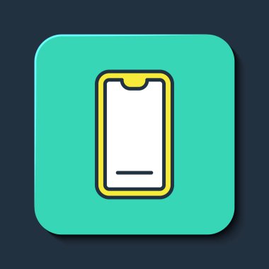 Mobil ikon üzerindeki yiyecek siparişi mavi arka planda izole edildi. Cep telefonuyla sipariş verin. Restoran yemek teslimatı konsepti. Turkuaz kare düğme. Vektör