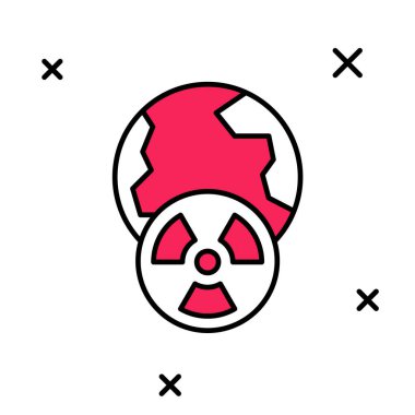 Yeryüzü gezegeni ve beyaz arka planda izole edilmiş radyasyon sembolü ikonu. Çevresel konsept. Vektör