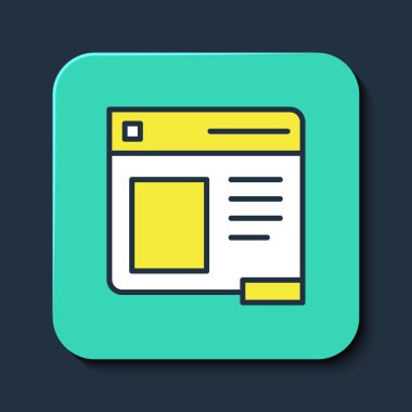 Doldurulmuş ana hatlı Tarayıcı pencere simgesi mavi arkaplanda izole edildi. Turkuaz kare düğme. Vektör