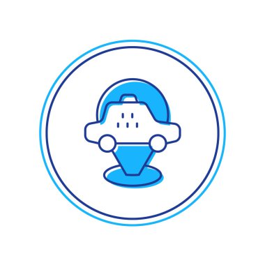 Beyaz arkaplanda izole edilmiş taksi arabası simgesiyle ana hatları doldurulmuş. Konum sembolü. Vektör