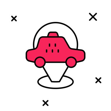 Beyaz arkaplanda izole edilmiş taksi arabası simgesiyle ana hatları doldurulmuş. Konum sembolü. Vektör