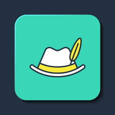 Ana hatlarıyla doldurulmuş Oktoberfest şapka simgesi mavi arkaplanda izole edilmiş. Tüylü avcı şapkası. Alman şapkası. Turkuaz kare düğme. Vektör