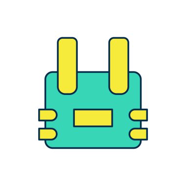 Beyaz arka planda izole edilmiş kurşun ikonundan korunmak için kurşun geçirmez yelek. Vücut zırhı işareti. Askeri kıyafetler. Vektör