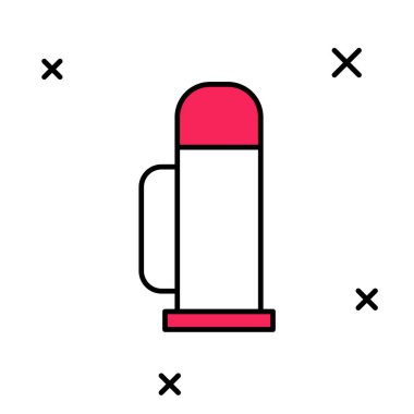 Beyaz arkaplanda izole edilmiş ana hatlı termos kabı simgesi. Termo matara ikonu. Kamp ve yürüyüş ekipmanları. Vektör