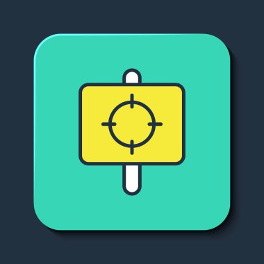 Doldurulmuş özet hedef spor simgesi mavi arkaplanda izole edildi. Atış mesafesi ya da atış mesafesi için sayıları olan temiz bir hedef. Turkuaz kare düğme. Vektör