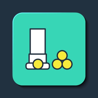 Doldurulmuş ana hat kartuşları simgesi mavi arkaplanda izole edildi. Av tüfeği av tüfeği fişeği. Tüfek mermisi ikonu. Turkuaz kare düğme. Vektör