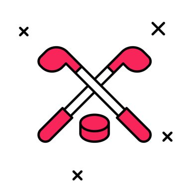 Buz hokeyi sopaları ve beyaz arka planda izole edilmiş disk ikonu. Oyun başlasın. Vektör