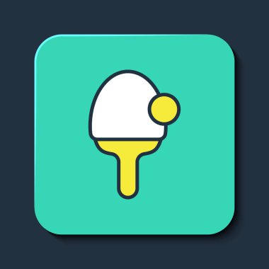 Masa tenisi ikonunu oynamak için mavi arka planda izole edilmiş ana hat raketi. Turkuaz kare düğme. Vektör