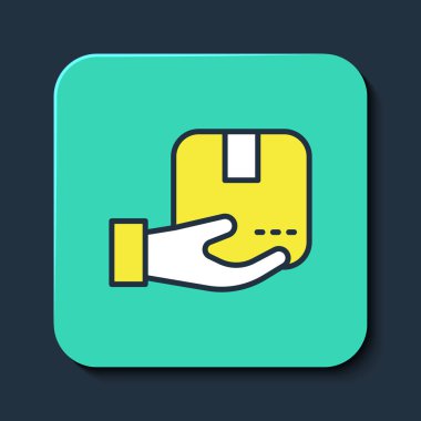 Mavi arkaplanda izole edilmiş karton kutu simgesiyle ana hatları doldurulmuş teslimat eli. Kuryeyle kapı kapı dolaşacağız. Turkuaz kare düğme. Vektör