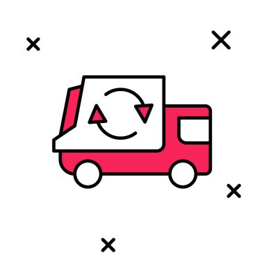 Doldurulmuş çöp kamyonu simgesi beyaz arka planda izole edilmiş. Vektör