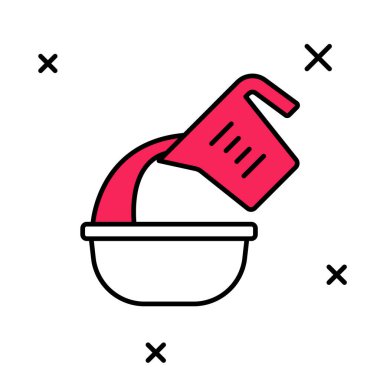 Taslak çizilmiş ölçü kabı beyaz arkaplanda izole edilmiş kase ikonuna sıvı döküyor. Plastik şişenin sapı var. Vektör