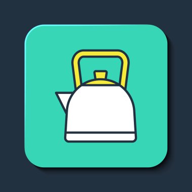 Kettle ana hatlarıyla doldurulmuş, mavi arkaplanda izole edilmiş bir simge var. Çaydanlık ikonu. Turkuaz kare düğme. Vektör