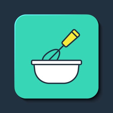 Mavi arka planda izole edilmiş kase ikonu ile ana hatlarıyla pişirme çırpma fırçası. Mutfak aletleri, yumurta çırpıcı. Çatal bıçak seti. Yemek karışımı sembolü. Turkuaz kare düğme. Vektör