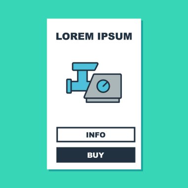 Doldurulmuş ana hatlı et öğütücü simgesi turkuaz arka planda izole edilmiş. Vektör