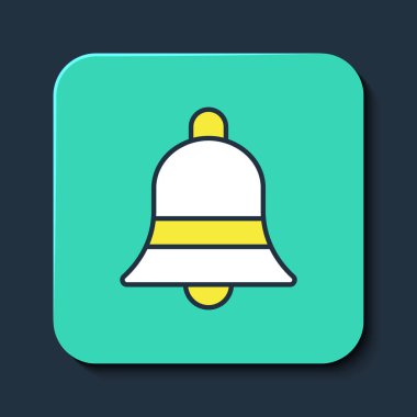 Doldurulmuş ana hat zil simgesi mavi arkaplanda izole edildi. Alarm sembolü, servis zili, el zili işareti, uyarı sembolü. Turkuaz kare düğme. Vektör