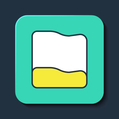 Mavi arkaplanda, ana hatlı dikdörtgen yastık simgesi izole edildi. Yastık tabelası. Ortopedik yastık. Turkuaz kare düğme. Vektör