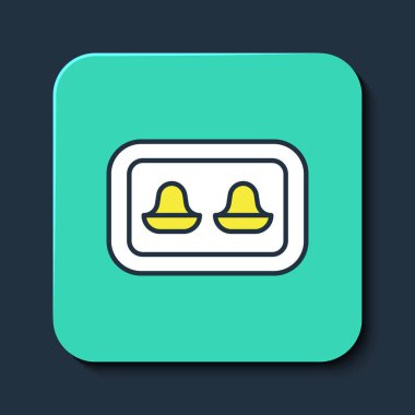 Mavi arkaplanda izole edilmiş depolama kutusu simgesiyle doldurulmuş kulak tıkaçları. Kulak tıkacı işareti. Gürültü sembolü. Uyku kalitesi konsepti. Turkuaz kare düğme. Vektör