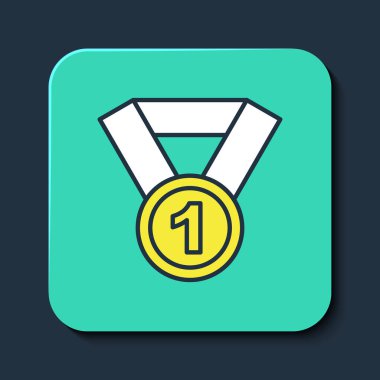 Doldurulmuş Madalya simgesi mavi arkaplanda izole edildi. Kazanan sembol. Turkuaz kare düğme. Vektör