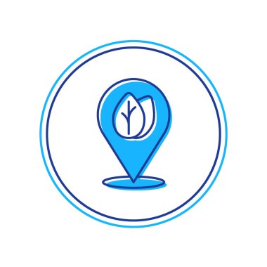 Beyaz arkaplanda izole edilmiş ana hatlı konum broşu ile simgenin içindeki yaprak ile dolduruldu. İşaret bırakıyor. Taze doğal ürün sembolü. Vektör