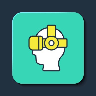 Doldurulmuş Sanal gerçeklik gözlüğü simgesi mavi arkaplanda izole edilmiş. Stereoskopik 3D VR maskesi. Optik baş monte edildi. Turkuaz kare düğme. Vektör