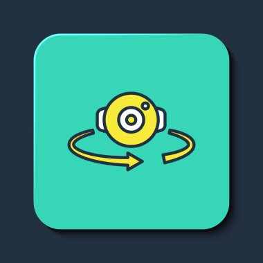 Doldurulmuş 360 derecelik görünüm simgesi mavi arkaplanda izole edildi. Sanal gerçeklik. 360 derecelik açıyla. Panorama fotoğrafı. Turkuaz kare düğme. Vektör