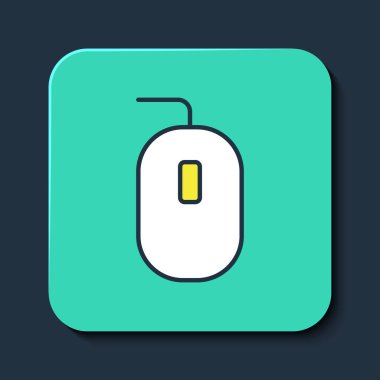 Doldurulmuş ana hatlı bilgisayar fare oyun simgesi mavi arkaplanda izole edildi. Tekerlek sembollü optik. Turkuaz kare düğme. Vektör