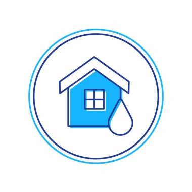 Beyaz arka planda izole edilmiş ana hatlı ev sel ikonu. Suyun altındaki evi sel basıyor. Sigorta konsepti. Güvenlik, güvenlik, koruma, konsept koruma. Vektör