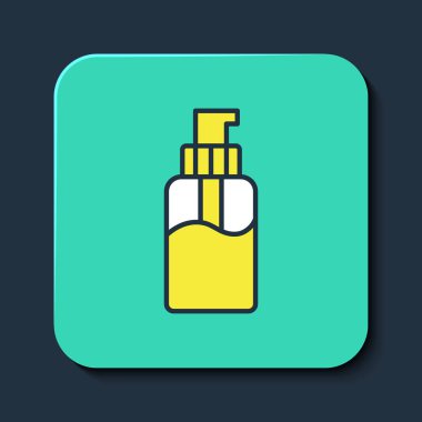 Mavi arkaplanda izole edilmiş şeker ikonu içeren sıvı antibakteriyel sabun ana hatlarıyla dolu. Dezenfeksiyon, hijyen, cilt bakımı. Turkuaz kare düğme. Vektör