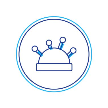 Beyaz arka planda izole edilmiş iğne ve iğne ikonu ana hatlarıyla doldurulmuş. El yapımı ve dikiş teması. Vektör