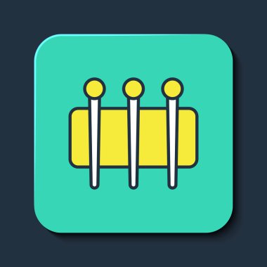 Dikiş ikonu için doldurulmuş iğne mavi arkaplanda izole edildi. Terzi sembolü. Tekstil el sanatları tabelasını diker. Nakış aletleri. Turkuaz kare düğme. Vektör