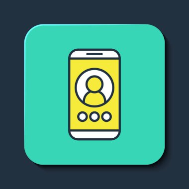 Mavi arkaplanda izole edilmiş ana hatlı görüntülü sohbet sohbet ikonu. Çevrimiçi iş görüşmesi formu. Uzak proje yönetimi. Turkuaz kare düğme. Vektör