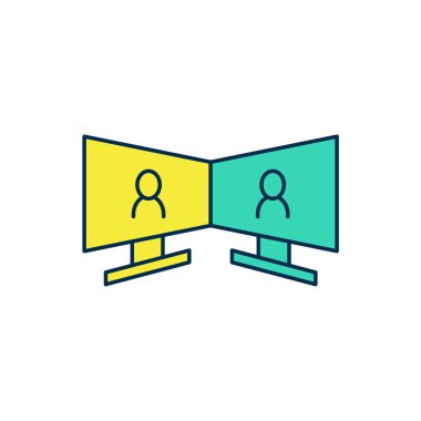 Beyaz arkaplanda izole edilmiş ana hatlı görüntülü sohbet ikonu. Çevrimiçi iş görüşmesi formu. Uzak proje yönetimi. Vektör