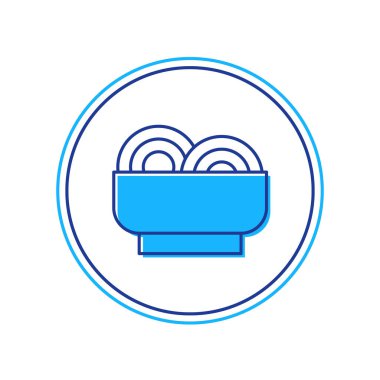 Beyaz arka planda izole edilmiş ana hatlı Asya erişteleri ve yemek çubukları ikonu. Sokak yemeği. Kore, Japon, Çin yemekleri. Vektör