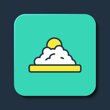 Mavi arka planda izole edilmiş bir kase ikonunda Rice 'ın ana hatlarını doldurdum. Geleneksel Asya yemekleri. Turkuaz kare düğme. Vektör