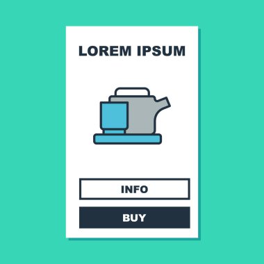 Turkuaz arka planda izole edilmiş geleneksel çay seremonisi simgesi. Fincanlı çaydanlık. Vektör