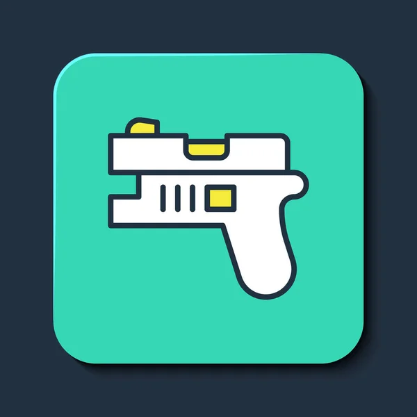 Filled outline Futuristic space gun blaster icon isolated on blue background. Laser Handgun. Alien Weapon. Turquoise square button. Vector — Stock vektor