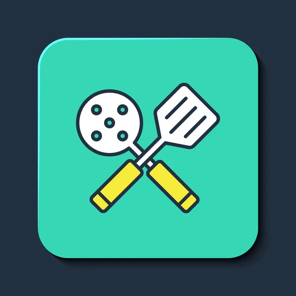 Filled outline Spatula icon isolated on blue background. Kitchen spatula icon. BBQ spatula sign. Barbecue and grill tool. Turquoise square button. Vector — 图库矢量图片