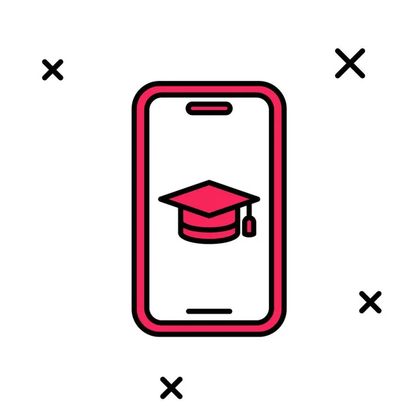 Filled outline Graduation cap on screen smartphone icon isolated on white background. Online learning or e-learning concept. Vector — 图库矢量图片