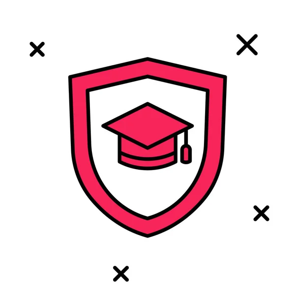 Gevulde omtrek Graduation cap met schild pictogram geïsoleerd op witte achtergrond. Verzekeringsconcept. Beveiliging, veiligheid, bescherming, bescherming concept. Vector — Stockvector