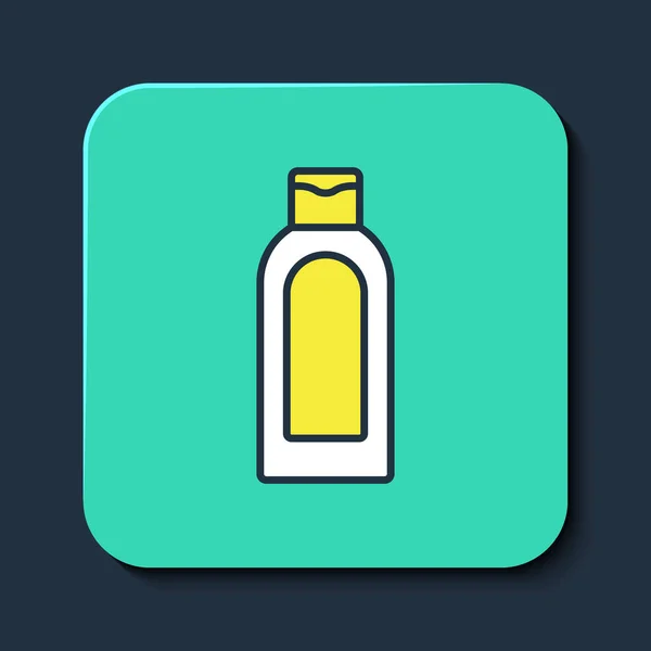 Filled outline Bottle of shampoo icon isolated on blue background. Turquoise square button. Vector — Stock Vector