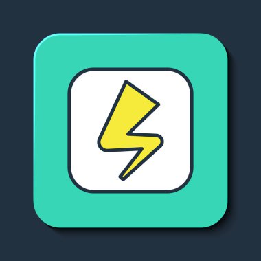 Mavi arkaplanda izole edilmiş ana hatlı Şimşek simgesi. Flaş işareti. Flaş ikonunu yükle. Gök gürültüsü. Yıldırım çarpması. Turkuaz kare düğme. Vektör