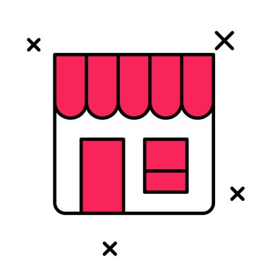 Doldurulmuş ana hatlı alışveriş binası veya market simgesi beyaz arka planda izole edilmiş. Dükkan inşaatı. Vektör