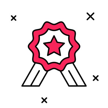 Beş yıldızlı ana hatları doldurulmuş ürün değerlendirme simgesi beyaz arkaplanda izole edildi. Favori, en iyi derecelendirme, ödül sembolü. Vektör