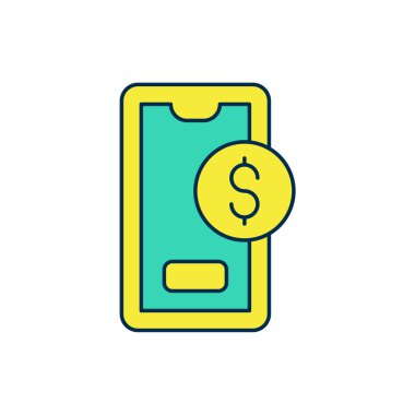 Beyaz arka planda izole edilmiş dolar sembollü akıllı telefon. İnternetten alışveriş konsepti. Finansal cep telefonu simgesi. Çevrimiçi ödeme. Vektör