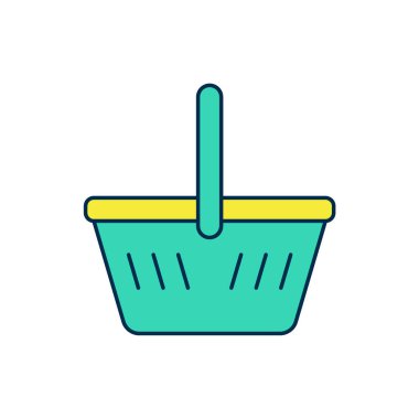 Beyaz arkaplanda izole edilmiş ana hatlı alışveriş sepeti simgesi. İnternetten satın alma konsepti. Servis tabelası. Alışveriş arabası sembolü. Vektör